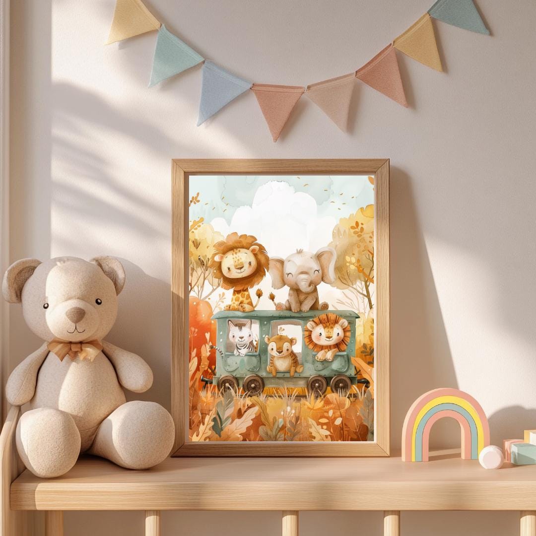 Safari animals riding a train print | Whimsical Illustration | Cute Kids Music Print | Playful Baby Room Poster | Animal Nursery Decor |