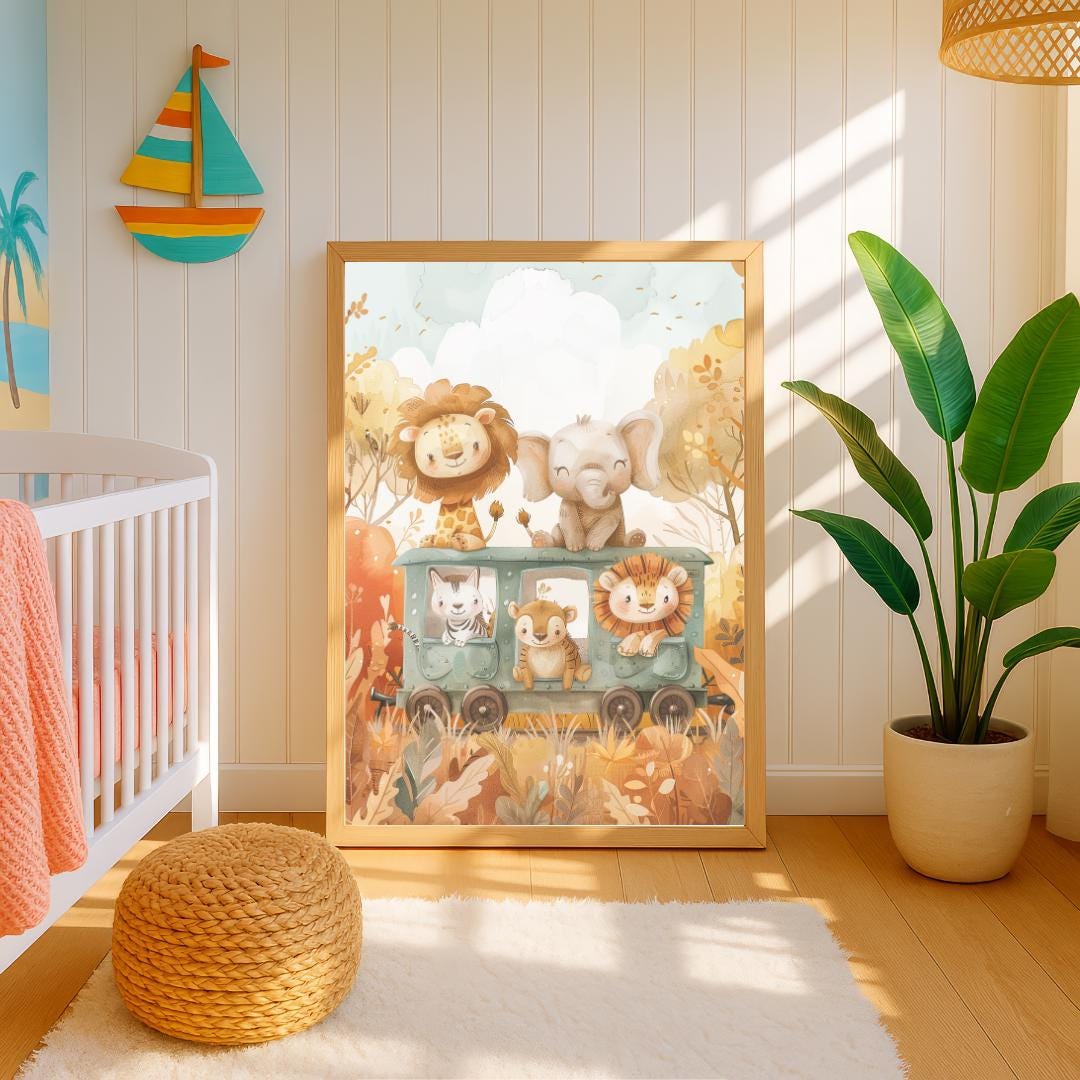 Safari animals riding a train print | Whimsical Illustration | Cute Kids Music Print | Playful Baby Room Poster | Animal Nursery Decor |