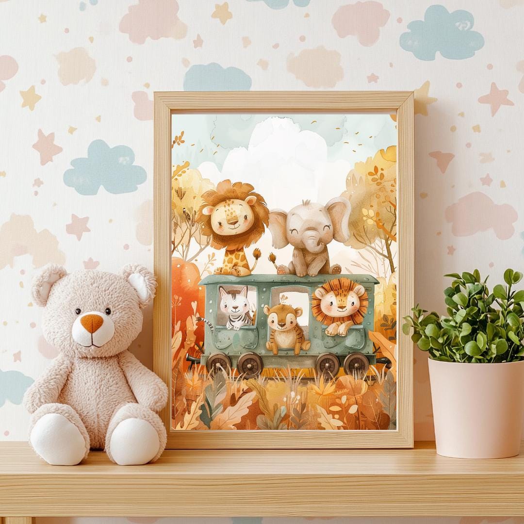 Safari animals riding a train print | Whimsical Illustration | Cute Kids Music Print | Playful Baby Room Poster | Animal Nursery Decor |