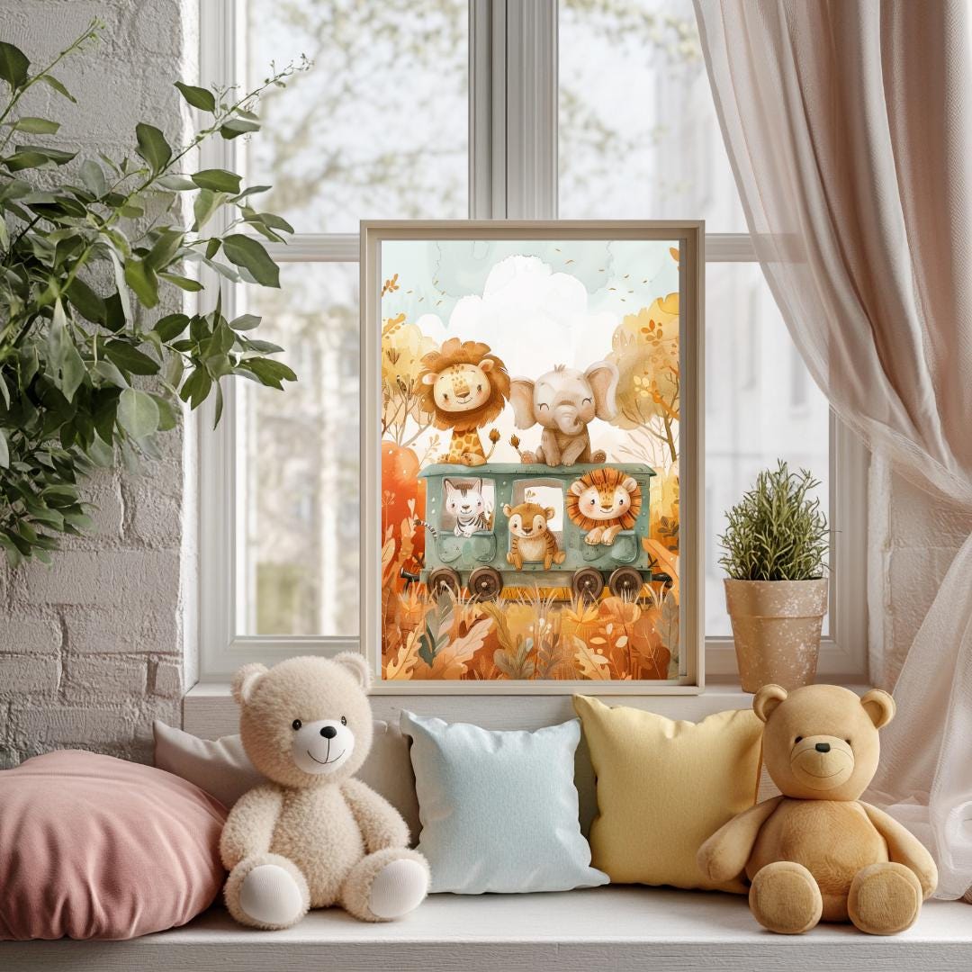 Safari animals riding a train print | Whimsical Illustration | Cute Kids Music Print | Playful Baby Room Poster | Animal Nursery Decor |