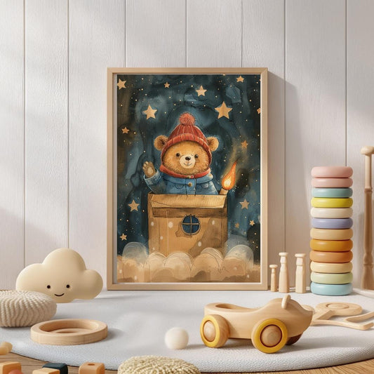 Teddy in a cardboard box “rocket” print | Whimsical Illustration | Cute Kids Music Print | Playful Baby Room Poster | Animal Nursery Decor |