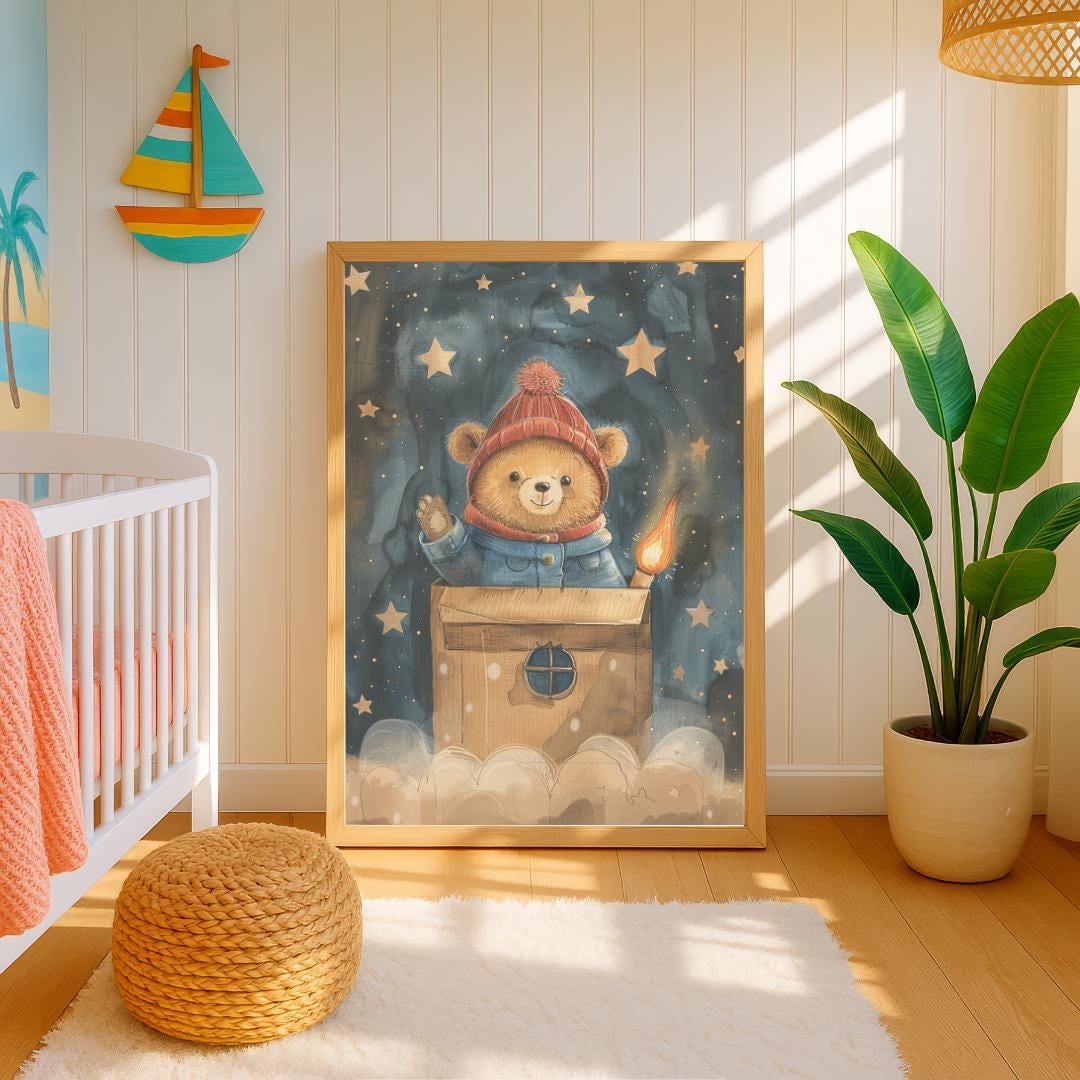 Teddy in a cardboard box “rocket” print | Whimsical Illustration | Cute Kids Music Print | Playful Baby Room Poster | Animal Nursery Decor |