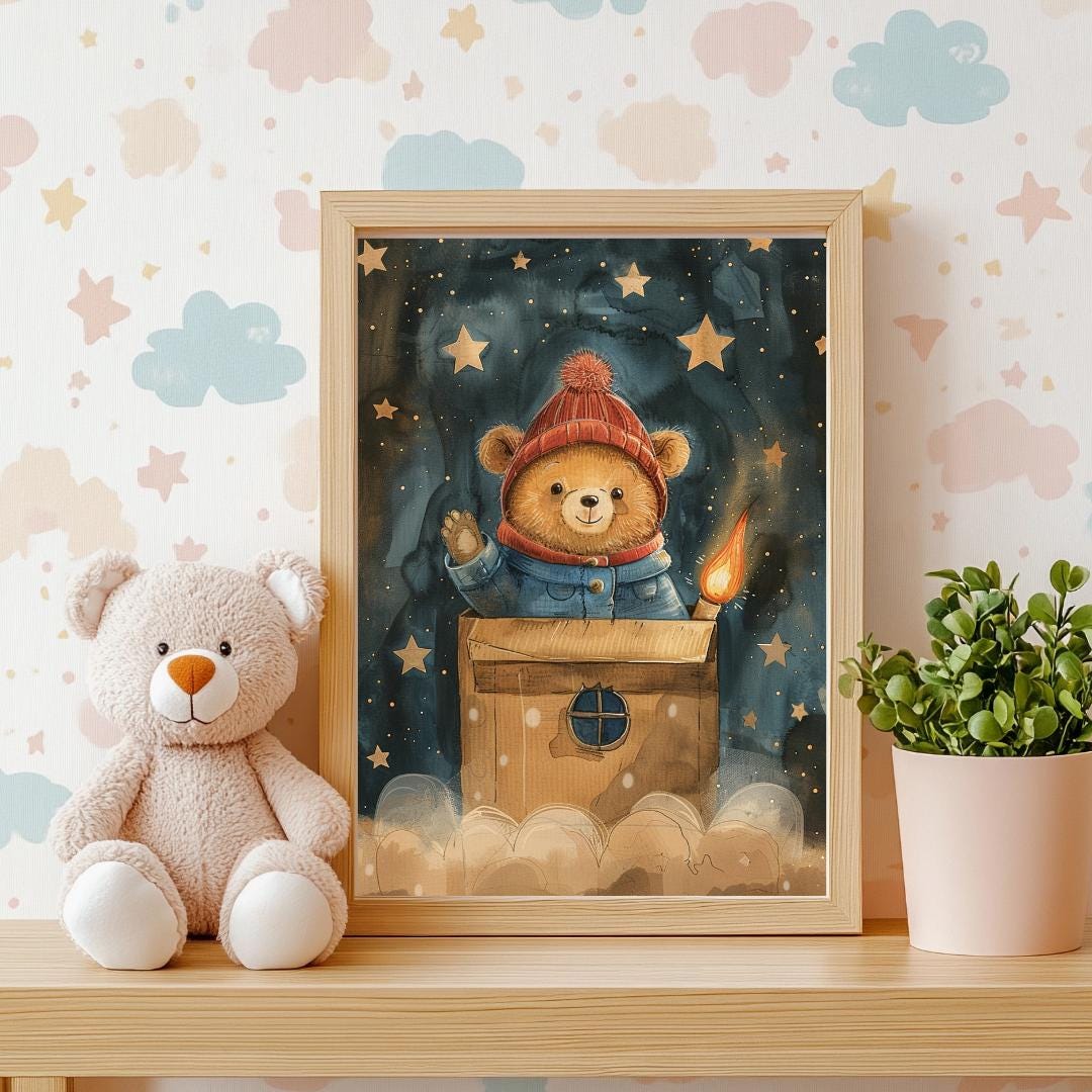 Teddy in a cardboard box “rocket” print | Whimsical Illustration | Cute Kids Music Print | Playful Baby Room Poster | Animal Nursery Decor |