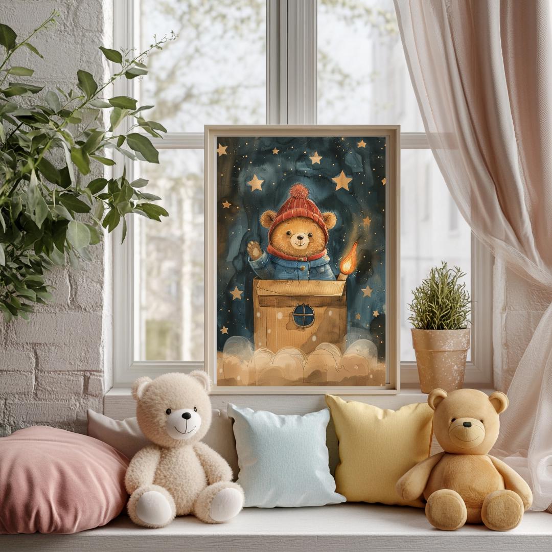 Teddy in a cardboard box “rocket” print | Whimsical Illustration | Cute Kids Music Print | Playful Baby Room Poster | Animal Nursery Decor |
