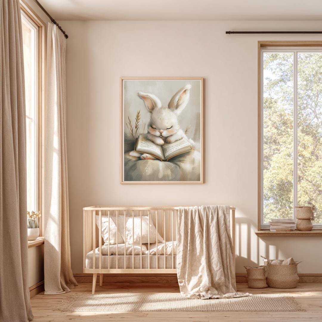 Rabbit falling asleep beside a bedtime book Wall art | Whimsical Illustration | Playful Baby Room Poster | Nursery Decor |