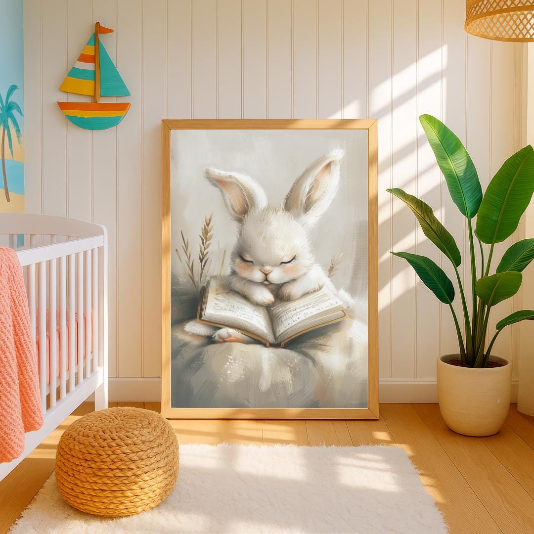 Rabbit falling asleep beside a bedtime book Wall art | Whimsical Illustration | Playful Baby Room Poster | Nursery Decor |