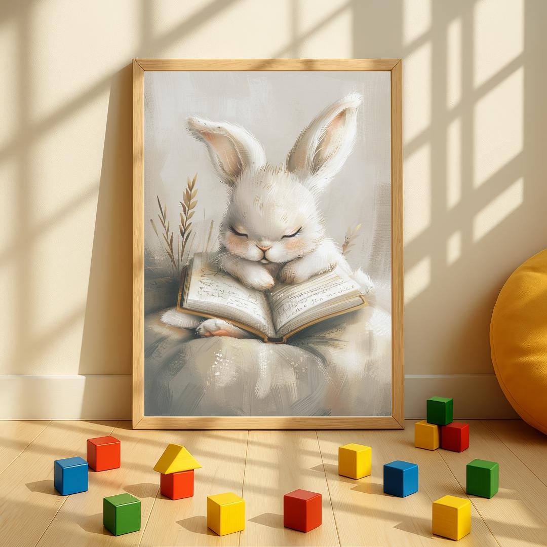 Rabbit falling asleep beside a bedtime book Wall art | Whimsical Illustration | Playful Baby Room Poster | Nursery Decor |