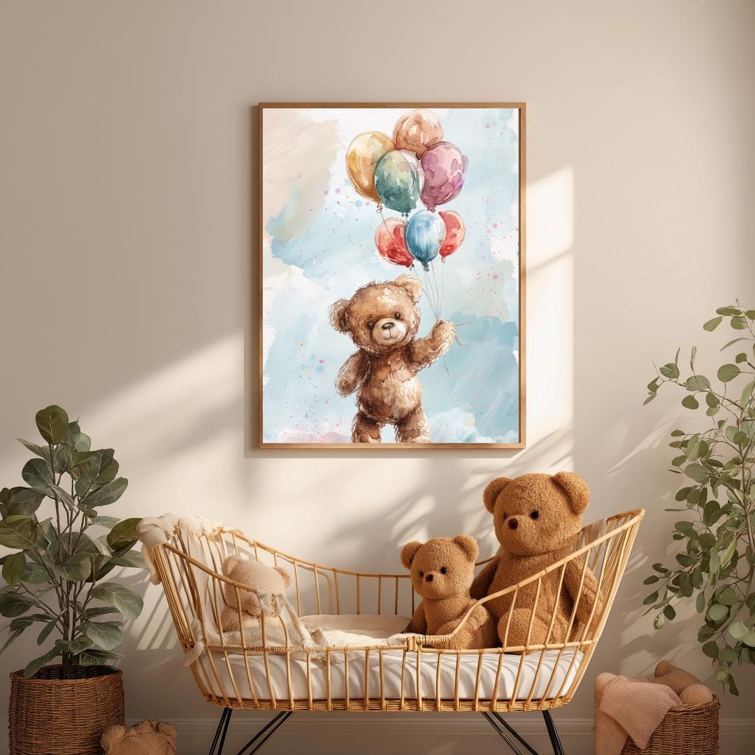 Teddy Bear Rainbow Colourful balloons Wall art | Whimsical Illustration | Playful Baby Room Poster | Nursery Decor |