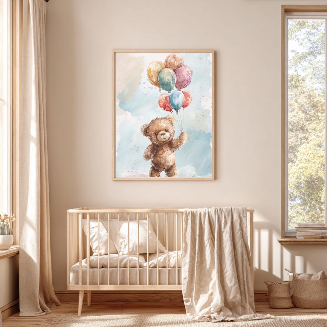 Teddy Bear Rainbow Colourful balloons Wall art | Whimsical Illustration | Playful Baby Room Poster | Nursery Decor |