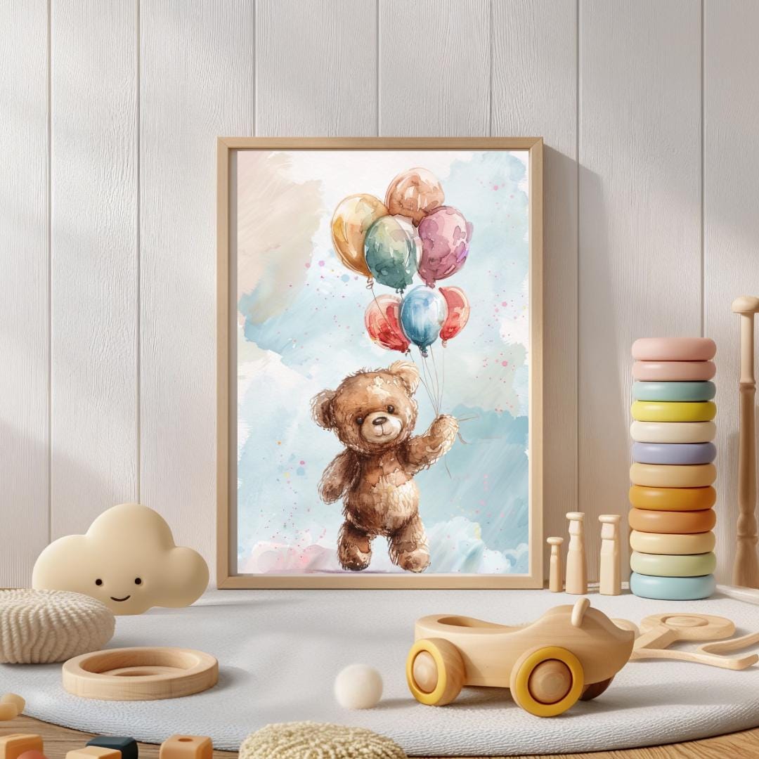 Teddy Bear Rainbow Colourful balloons Wall art | Whimsical Illustration | Playful Baby Room Poster | Nursery Decor |