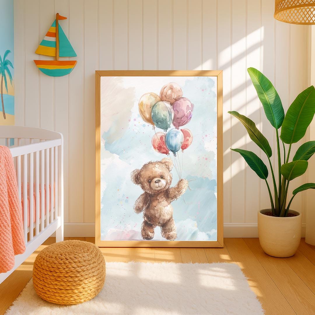 Teddy Bear Rainbow Colourful balloons Wall art | Whimsical Illustration | Playful Baby Room Poster | Nursery Decor |