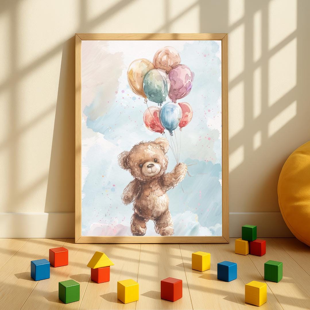 Teddy Bear Rainbow Colourful balloons Wall art | Whimsical Illustration | Playful Baby Room Poster | Nursery Decor |