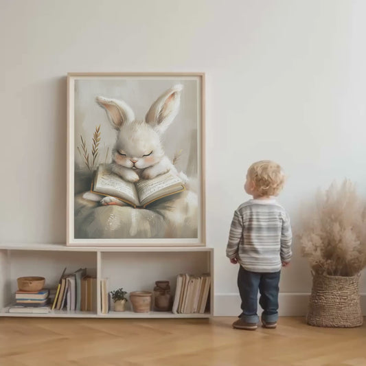 Rabbit falling asleep beside a bedtime book Wall art | Whimsical Illustration | Playful Baby Room Poster | Nursery Decor |